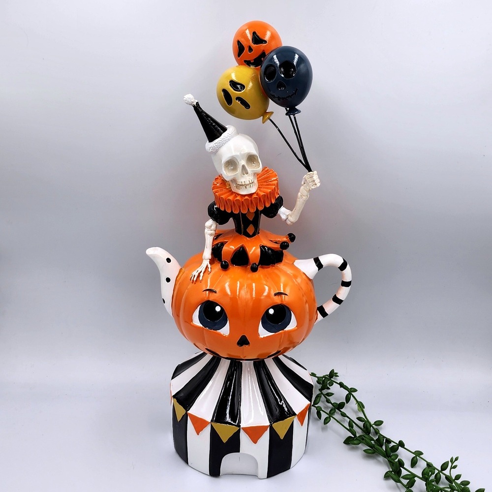 Halloween Skeleton Clown Pumpkin Teapot Figurine Orange Black Circus Decor